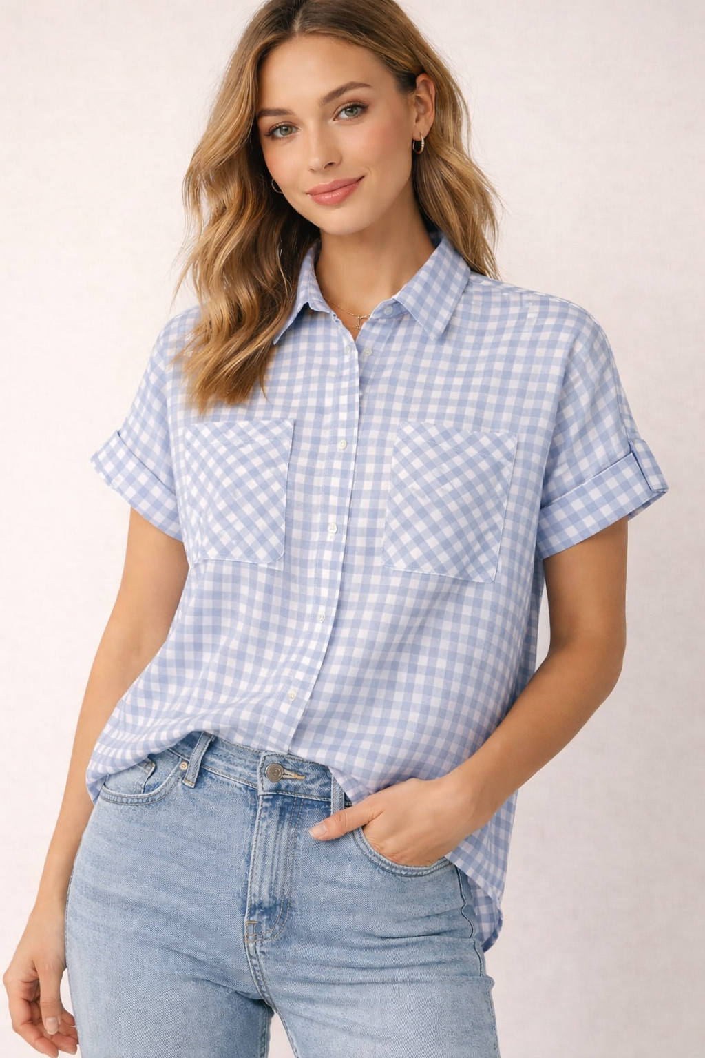 Ninety Womens plaid button down cuffed short sleeve collared 2 pockets Blouse