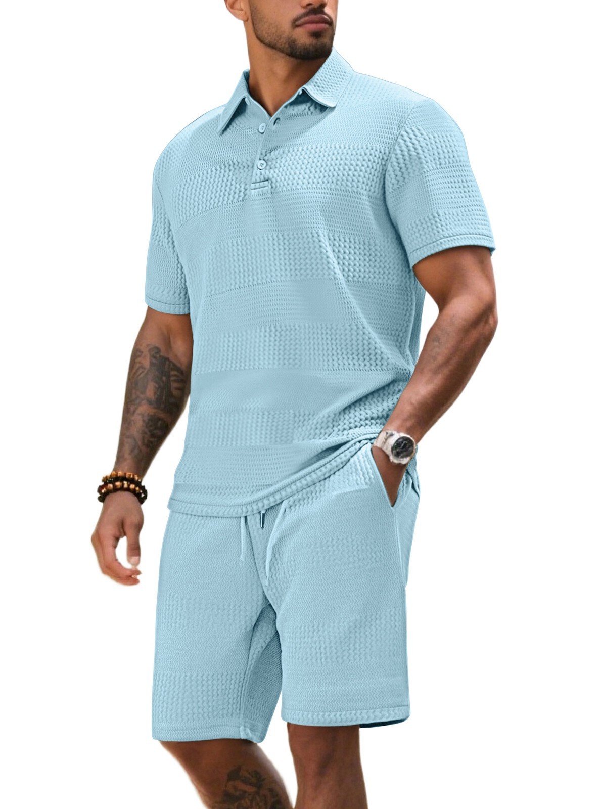 Men Waffle Knit Shorts Set Casual Summer 2 Piece Tracksuit Matching