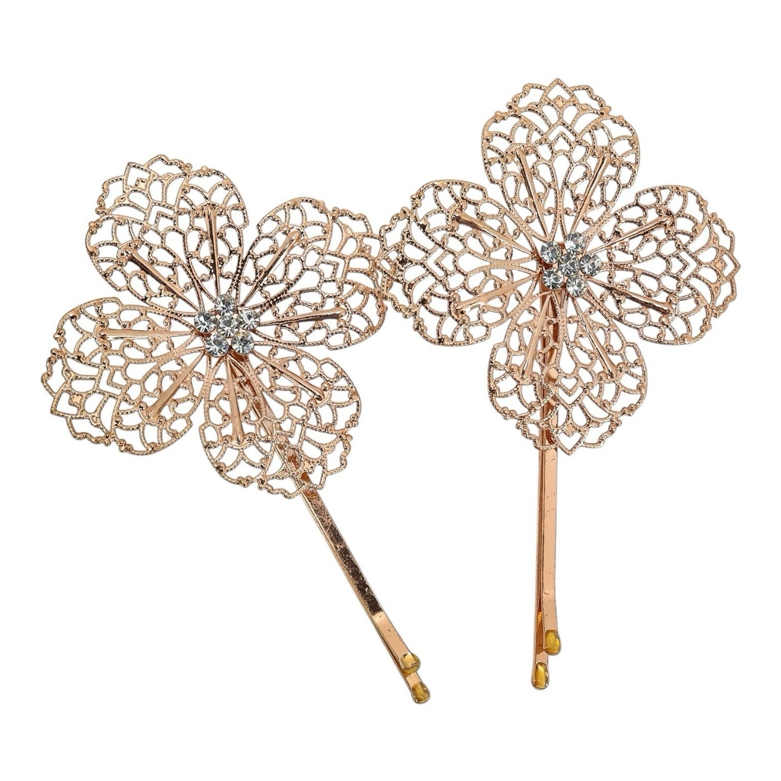 Lot of 11 Bridal Bobby Pins Rose Gold Tone Beige Floral Rhinestone Filigree