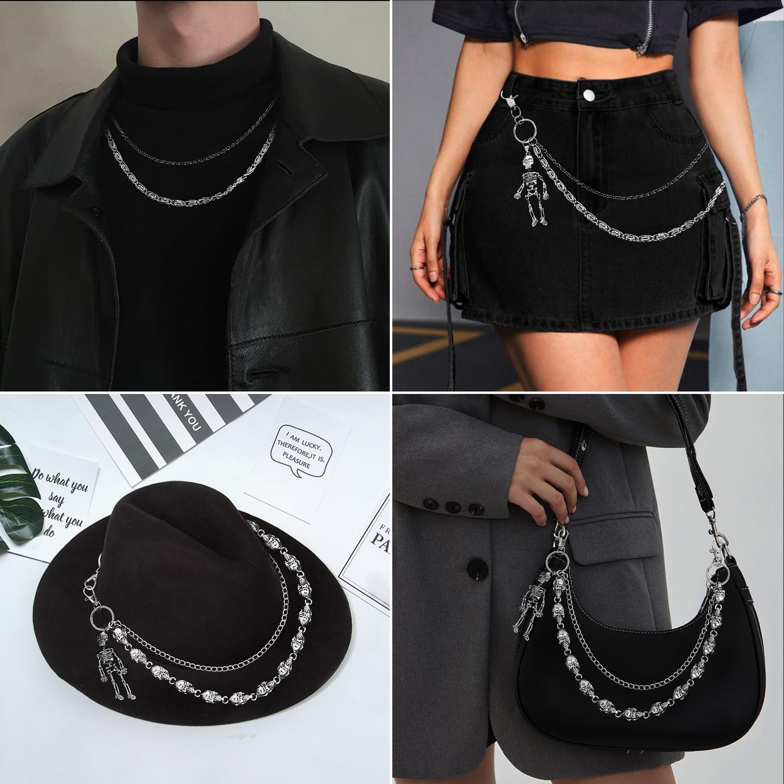 2 PCS Heavy Skull Pants Chain for Unisex Wallet Chains Standard for Biker Silver