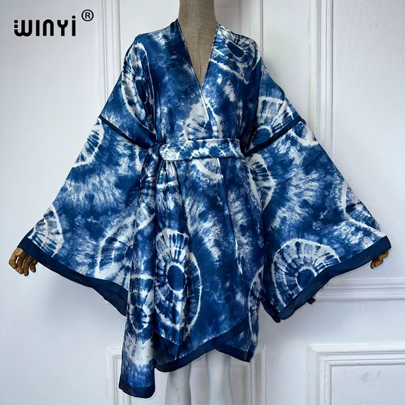 Printed Kimono with Belt African Boho Dress Beach Wear Holiday Silky Robe Beach