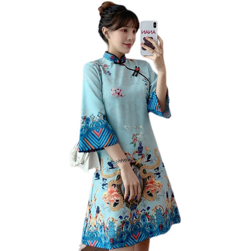 Red Blue Loose New Modern Chinese Cheongsam A-line Dress 3/4 Sleeve Qipao