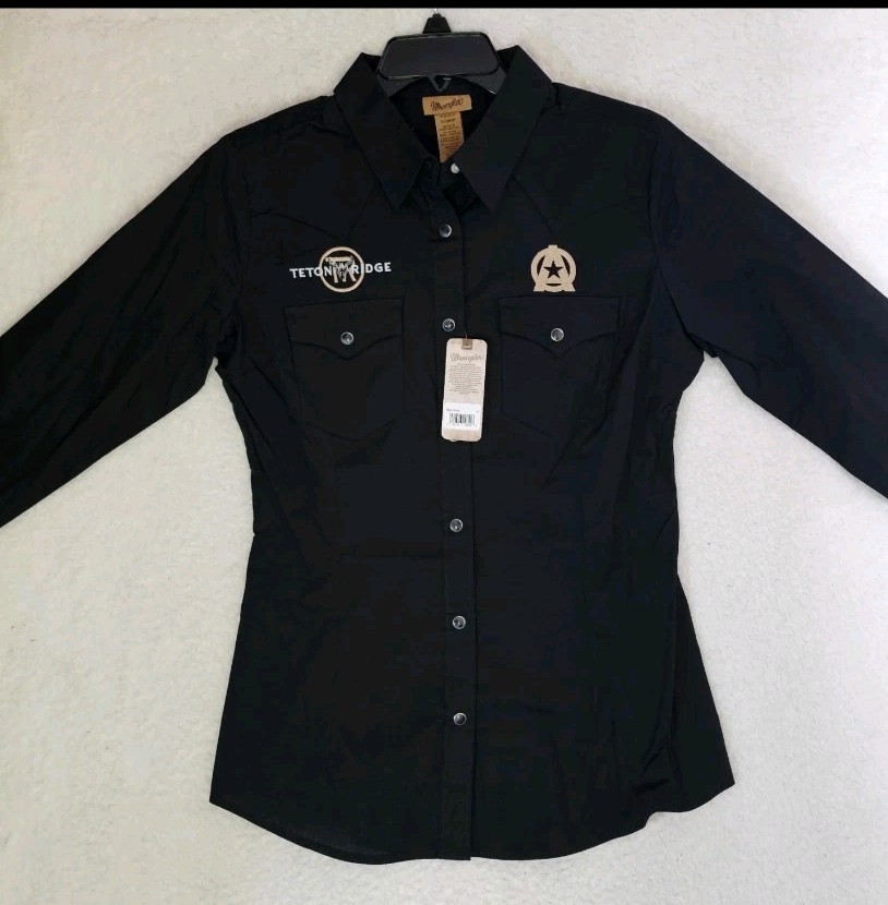 NEW Wrangler Womens Size S Shirt Rodeo Logo, Cowboy Western Snap Black