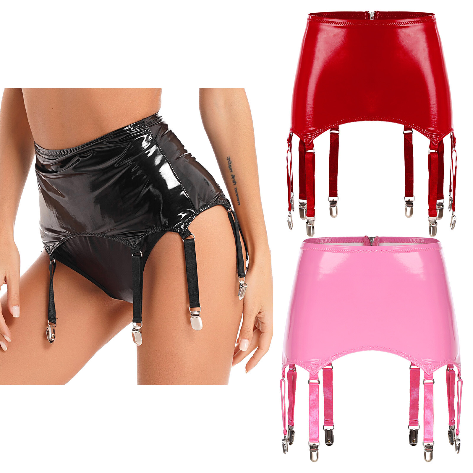 US Womens Clubwear with 8 Metal Clip Wetlook PVC Leather Garter Belt Performance