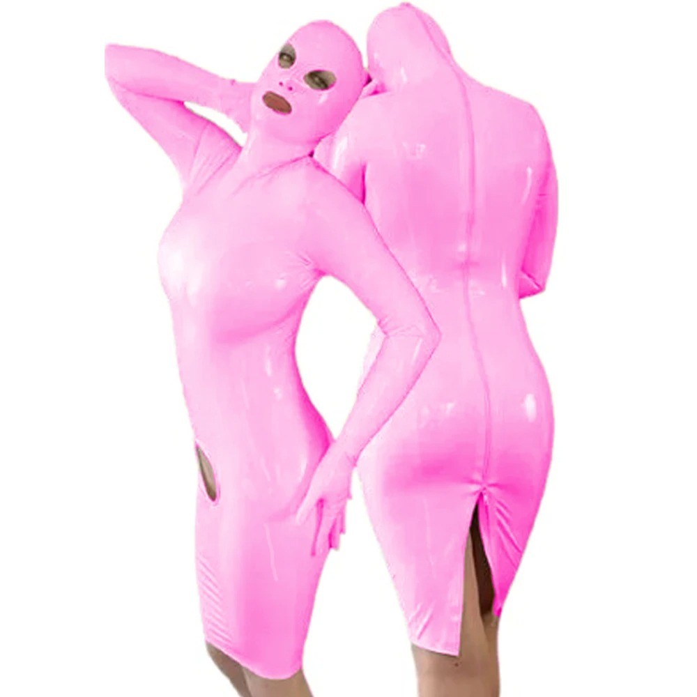 Masked Hooded Long Slevees Dress PVC Leather Dress with Zipper Cosplay Costume