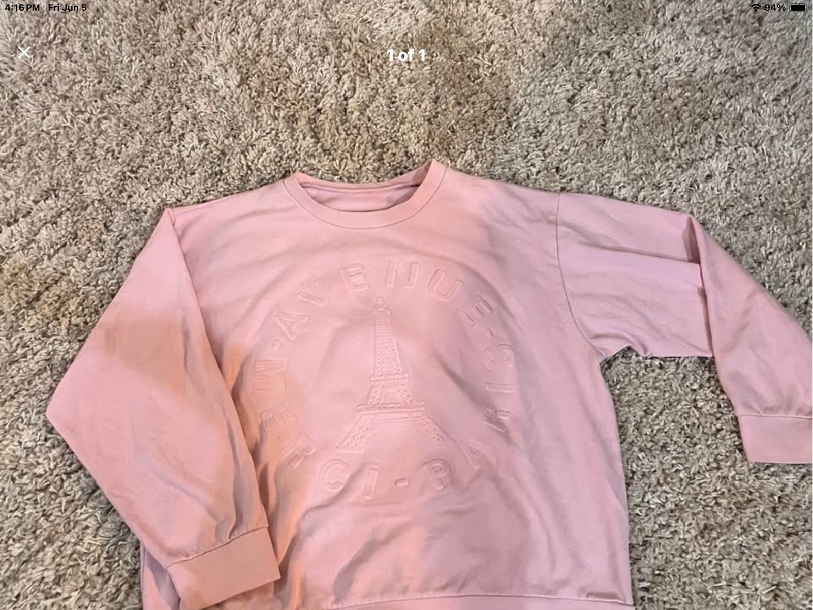 Pink Sweatshirt, Merci Paris Embossed Logo Front Of Shirt, Brand Unknown, Sz M