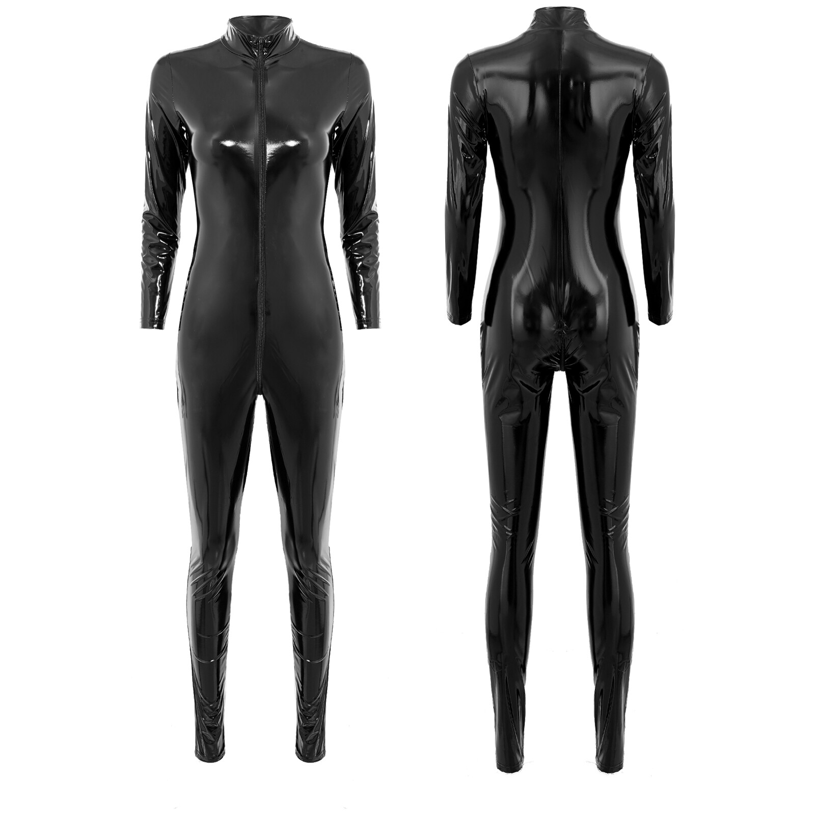 Womens PVC Leather Wetlook Longsleeve Zipper Bodycon Jumpsuit Catsuits Bodysuit