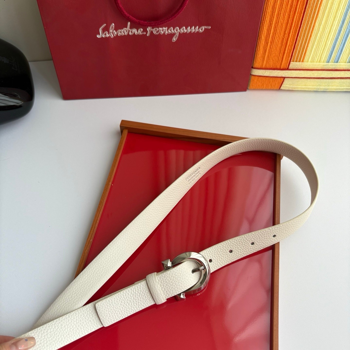 Salvatore Ferragamo Women’s White belt with silver buckle