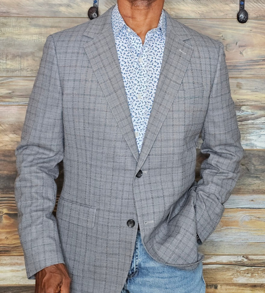 Bonobos Slim Fit Wool Blend Dual Vent Stitched Lapel Gray Windowpane Blazer 42R