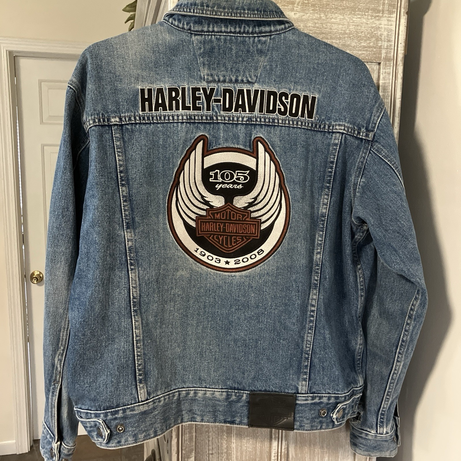 Vintage Harley Davidson Jacket Mens Large Denim 1903-2008 105th Anniversary Coat