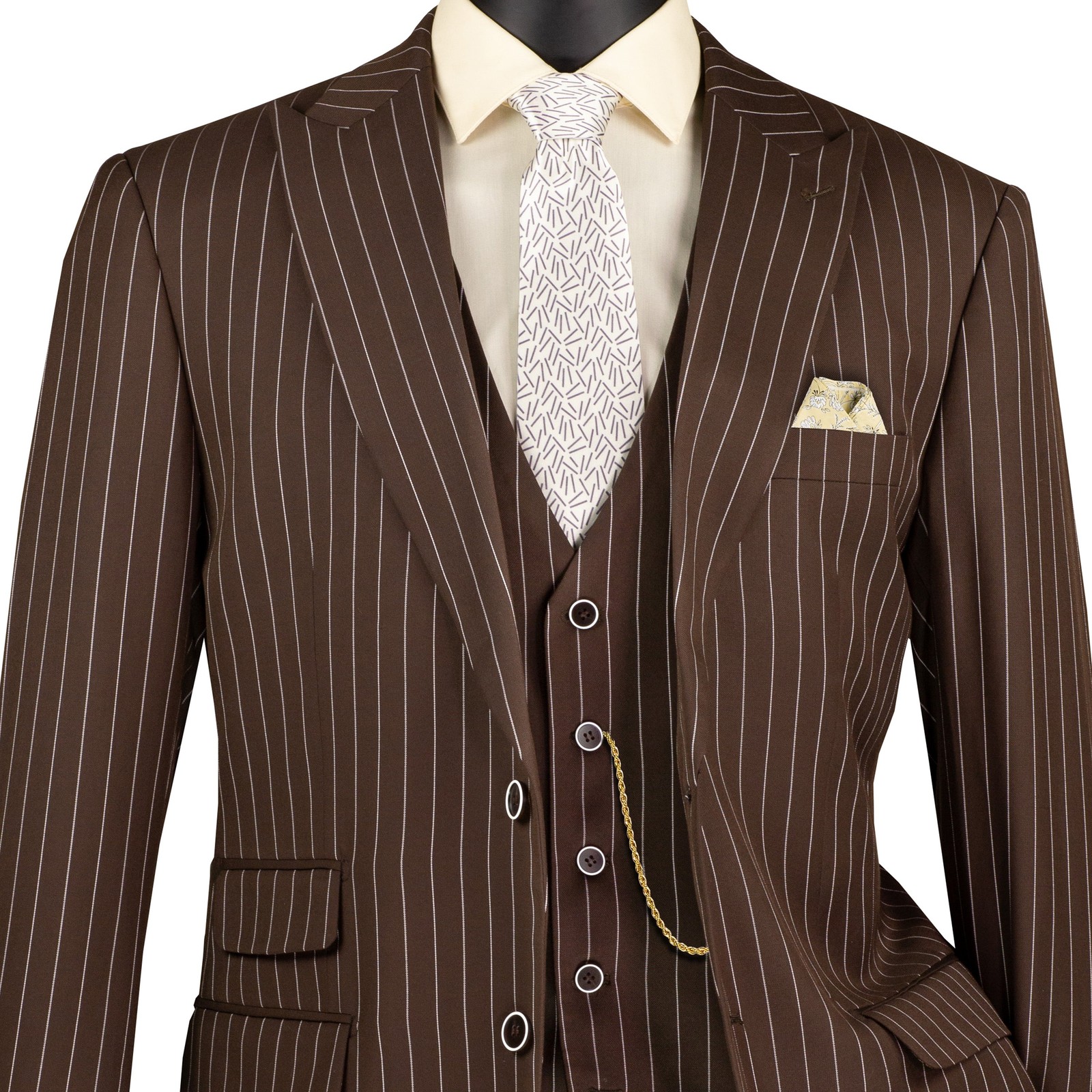 VINCI Men’s Brown Striped 3 Piece Regular Fit Suit w/ Flex Waist – NEW