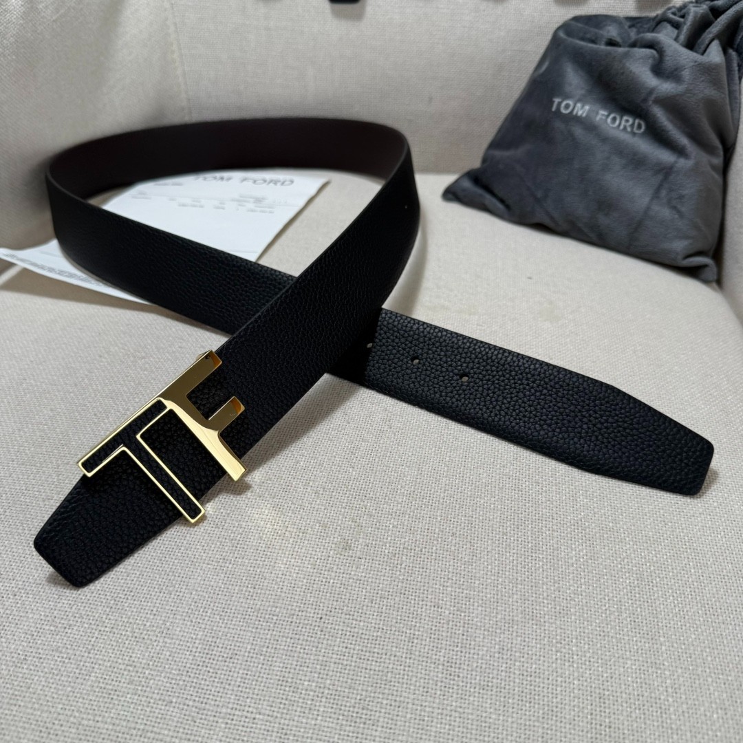 Tom Ford Reversible Black/Brown Calfskin Belt with Gold Metal T-Buckle Belt