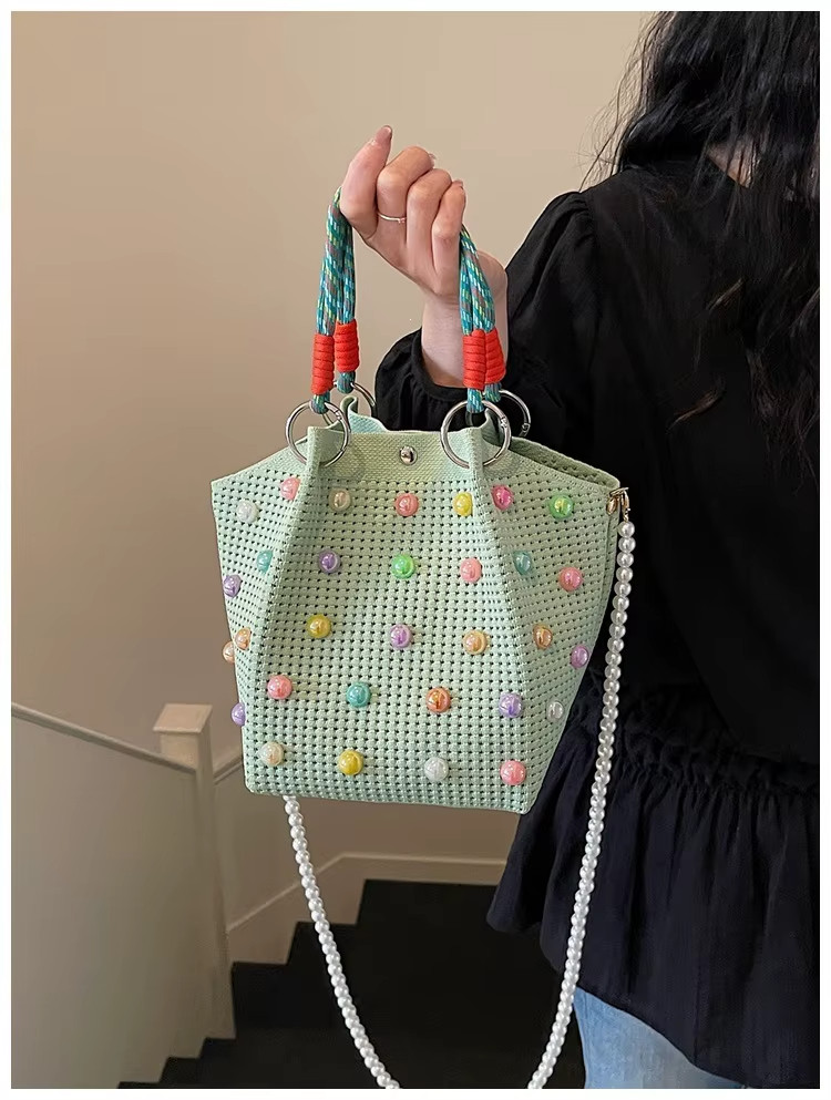 2026 Women Mini Woven Bucket Bag Candy Bead Top Handle Crossbody Handbag