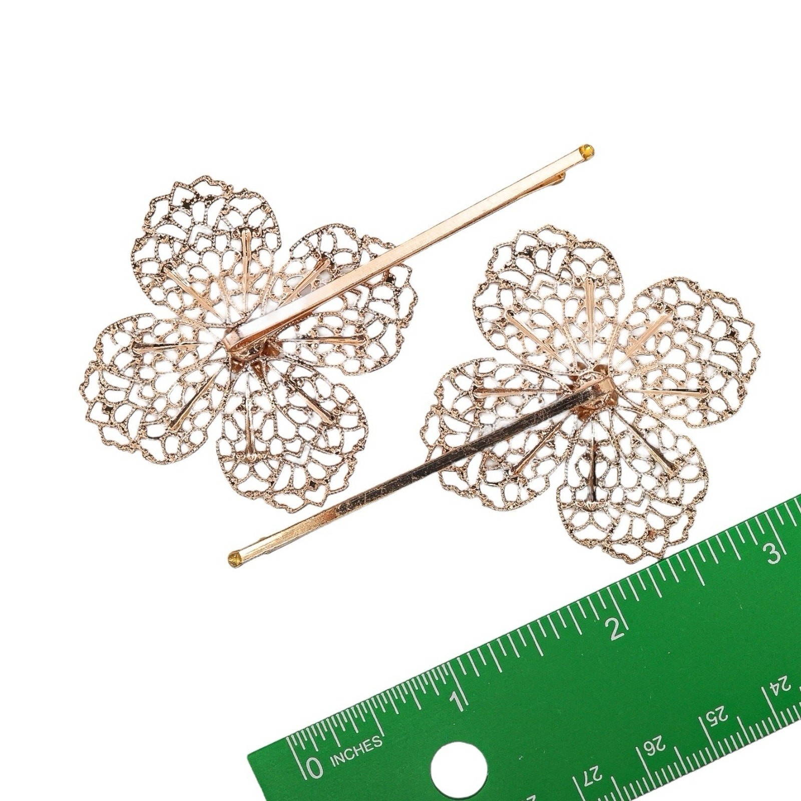 Lot of 11 Bridal Bobby Pins Rose Gold Tone Beige Floral Rhinestone Filigree