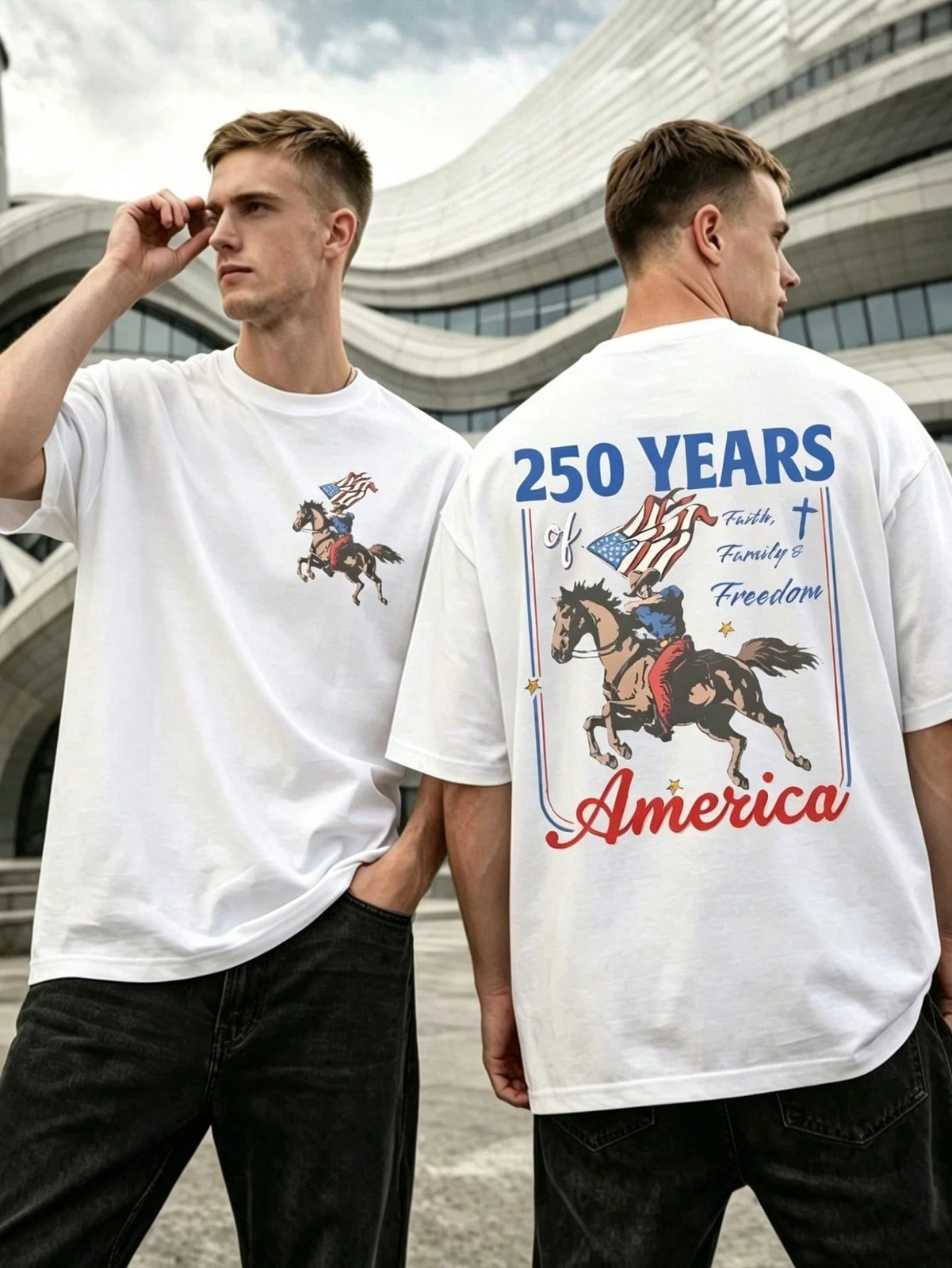 USA 250 Years America Cowboy Horse Graphic Faith Family Freedom Mens T-Shirt