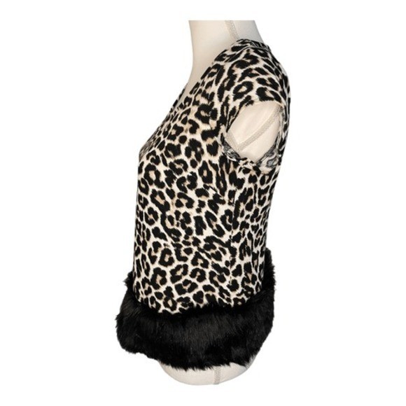 Worthington Leopard Print Top Faux Fur Trim Petite Short Sleeve XS NWT