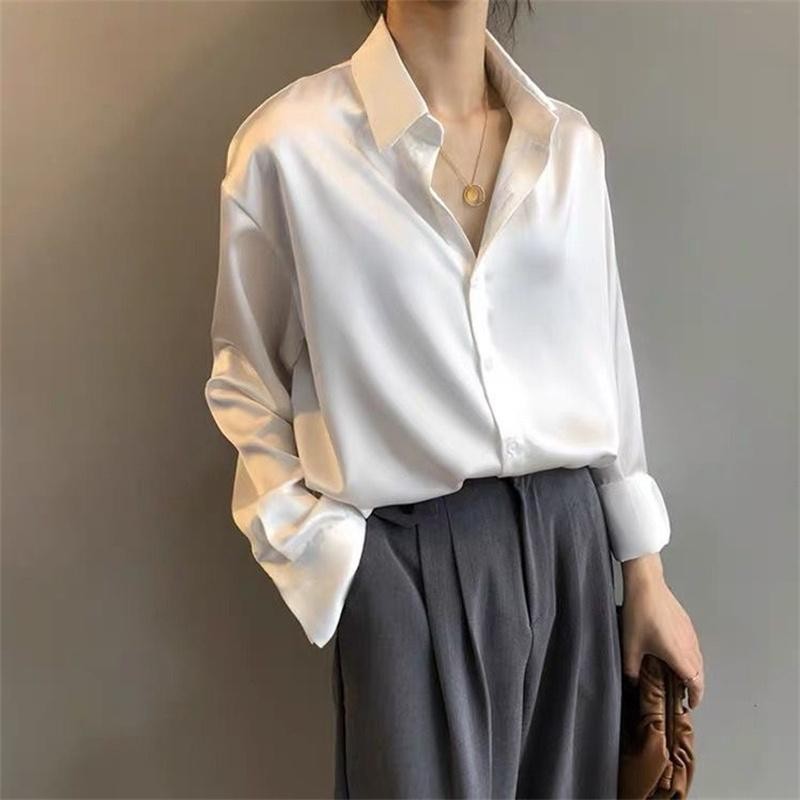 Silk Korean Office Ladies Elegant Shirt Blouse Button Up Satin Long Sleeve Shirt