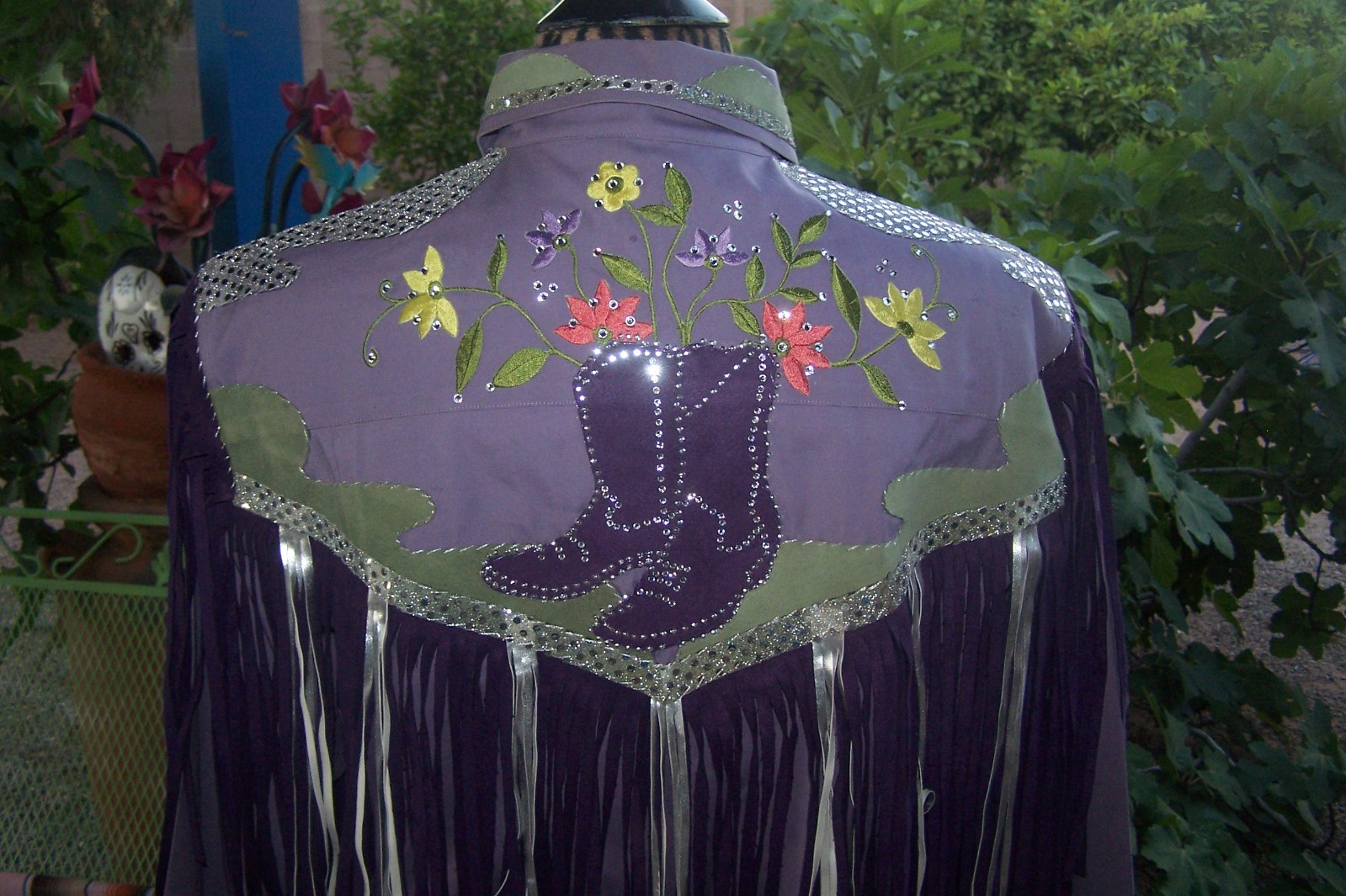 XL Western Custom Embroidered Fringe Rhinestone Cowgirl Boot Rodeo Queen Blouse