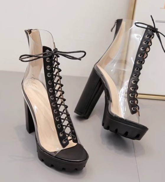Transparent Cool Boots Women Open Toe Sexy Block Heels Lace Up Back Zipper Shoes