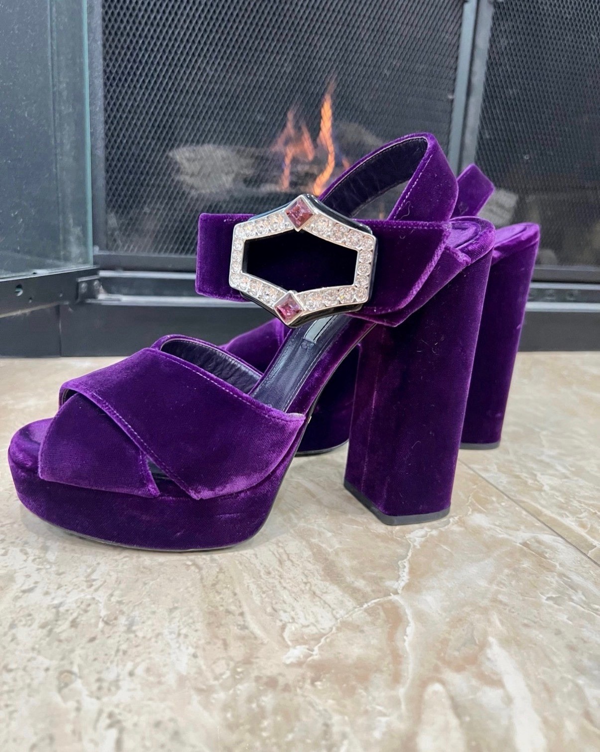 Prada Purple Velvet Rhinestone Buckle Platform Open Toe Ankle Strap, 37.5