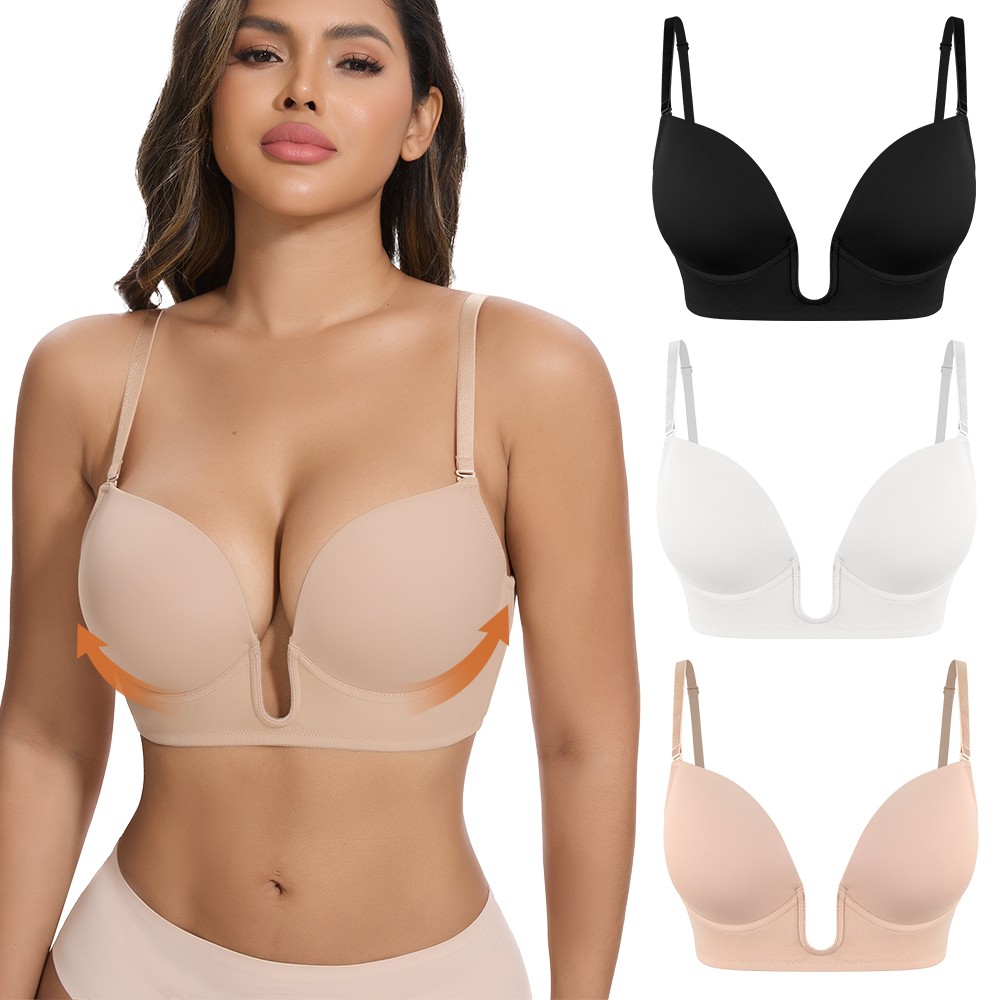 Deep U Plunge Push Up Bra Backless Women Invisible Under Low Cut Dress Underwire