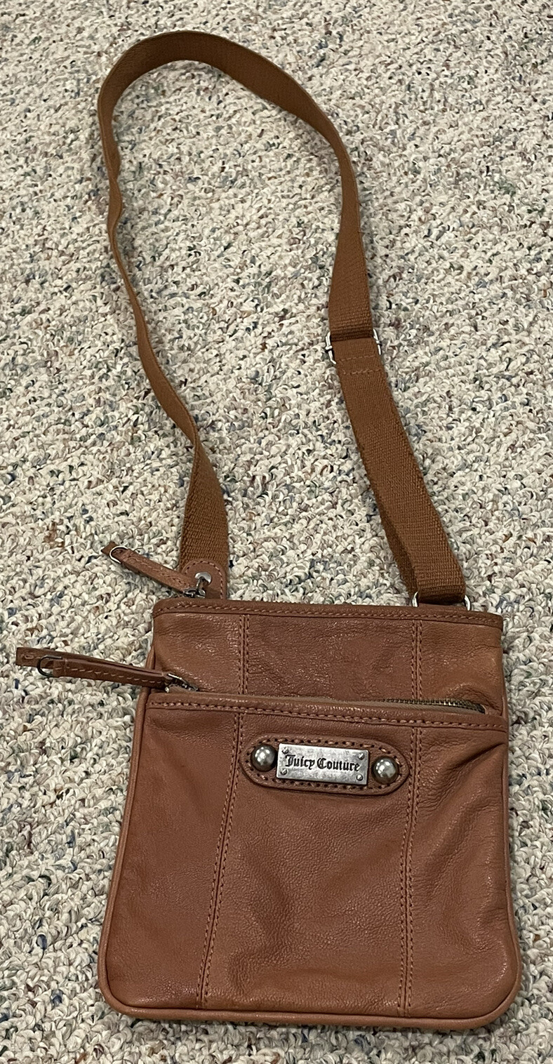 Juicy Couture Goat Leather Brown Crossbody Purse Zipper Closure 8.5 x 7.5 Inches