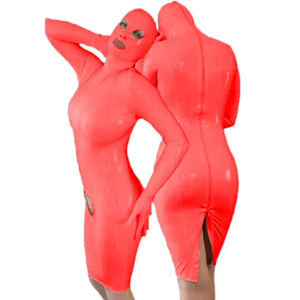 Masked Hooded Long Slevees Dress PVC Leather Dress with Zipper Cosplay Costume
