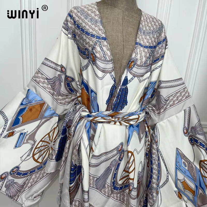 Red Africa Dress Women Cardigan Silky Robe Kimono Dress Cruise Wear Beach Dress