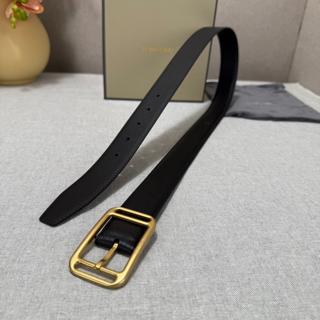 Tom Ford Mens Black Leather Gold Metal Buckle Belt Width 3.5cm