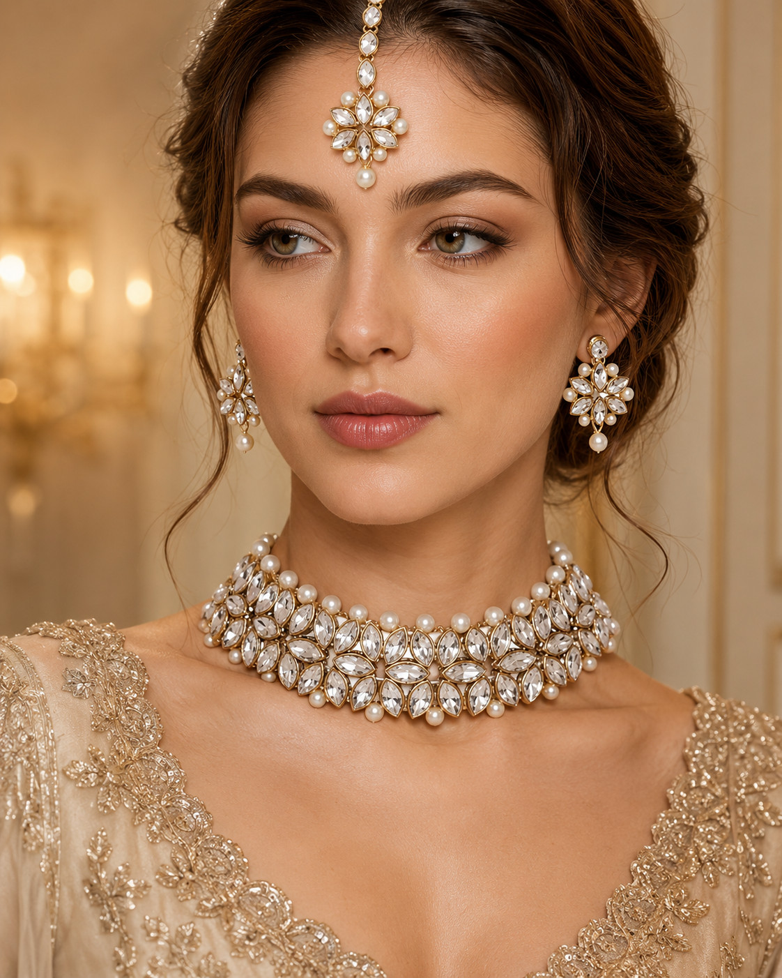 Indian Bollywood Gold Plated Kundan Choker Bridal Necklace Earrings Jewelry Set