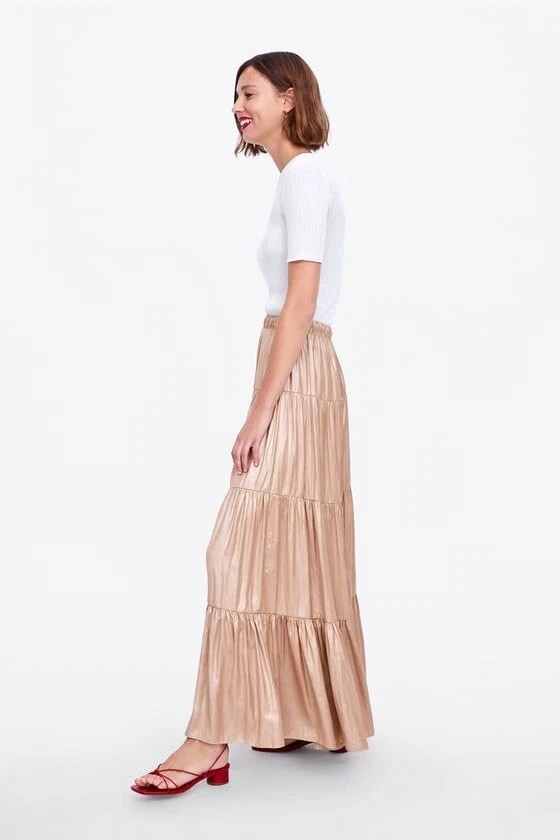 Zara Ruffled/Tiered Maxi Skirt Satin Gold Mink 2935/787 M Boho Flowy Frilly
