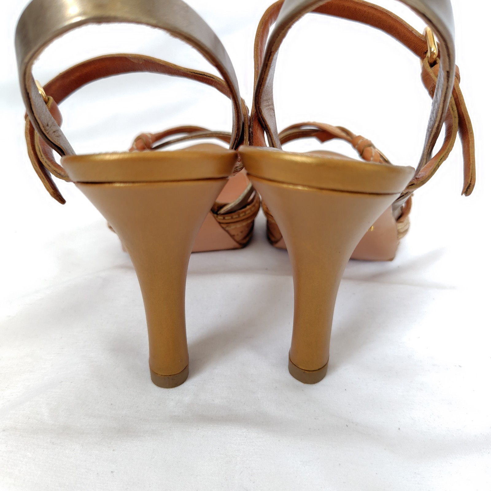 PRADA Wedge Platform Sandals Natural Brown Gold Silver Ribbon EU 36 11cm Heel