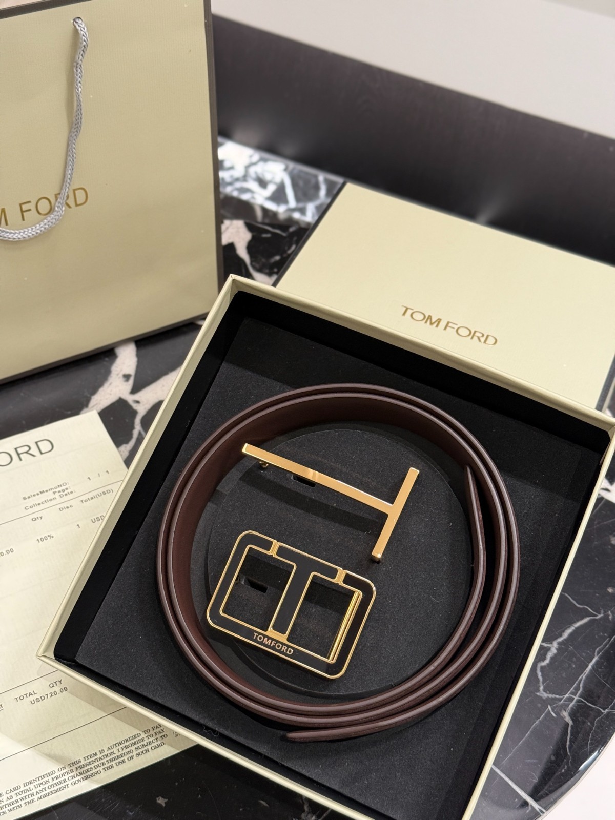 Tom Ford Mens T Logo Brown Leather Dress Belt S.S. Buckle