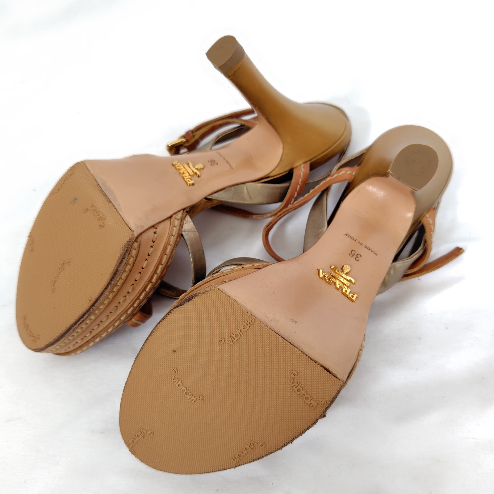 PRADA Wedge Platform Sandals Natural Brown Gold Silver Ribbon EU 36 11cm Heel