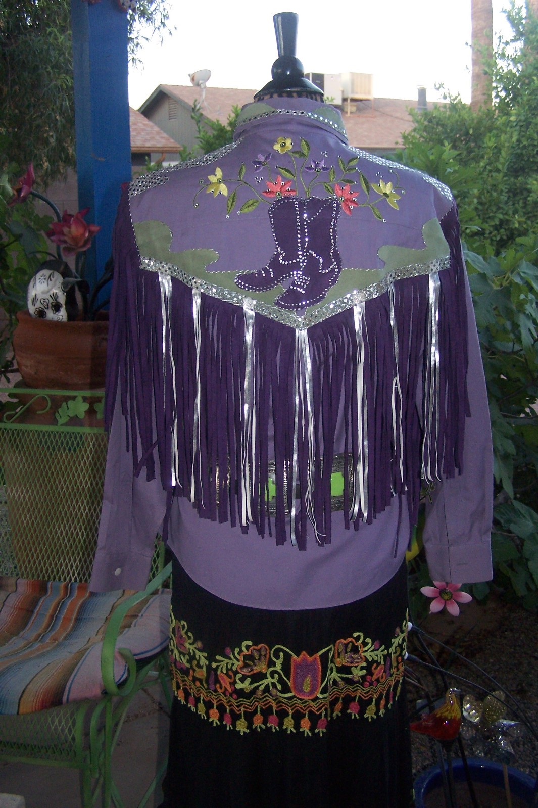 XL Western Custom Embroidered Fringe Rhinestone Cowgirl Boot Rodeo Queen Blouse