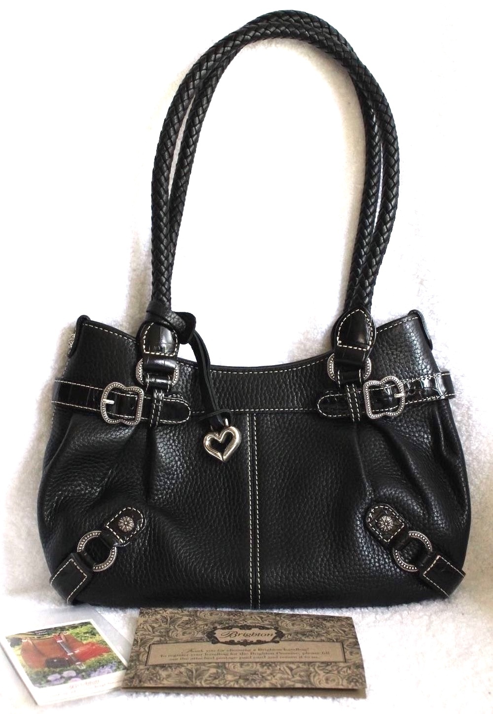 Brighton Suzette Black Pebbled Leather Shoulder Bag w/2 Braided Handles D242642