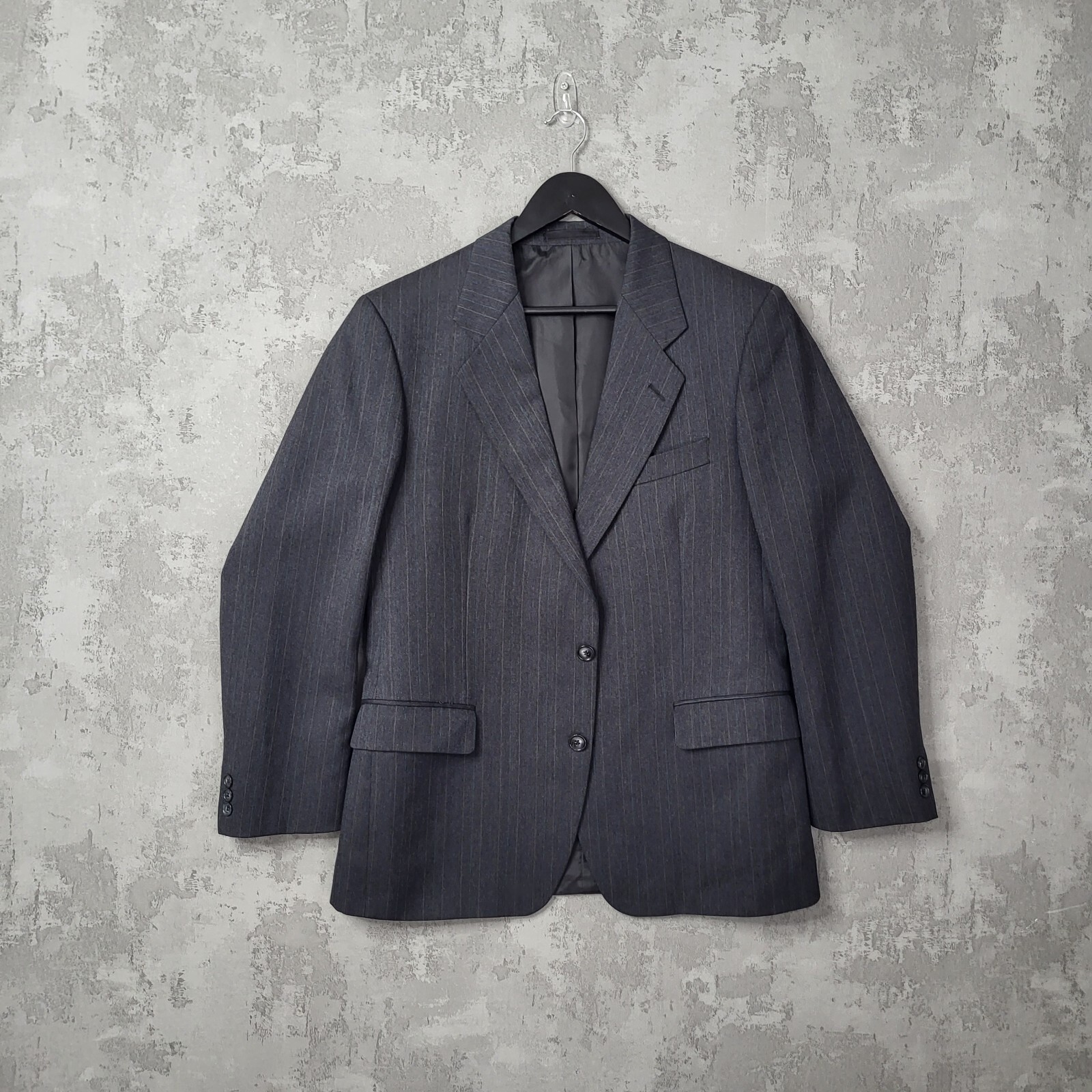 St. Michael Blazer Men’s 40S Grey Wool Striped Double-Vented Notch Lapel Jacket
