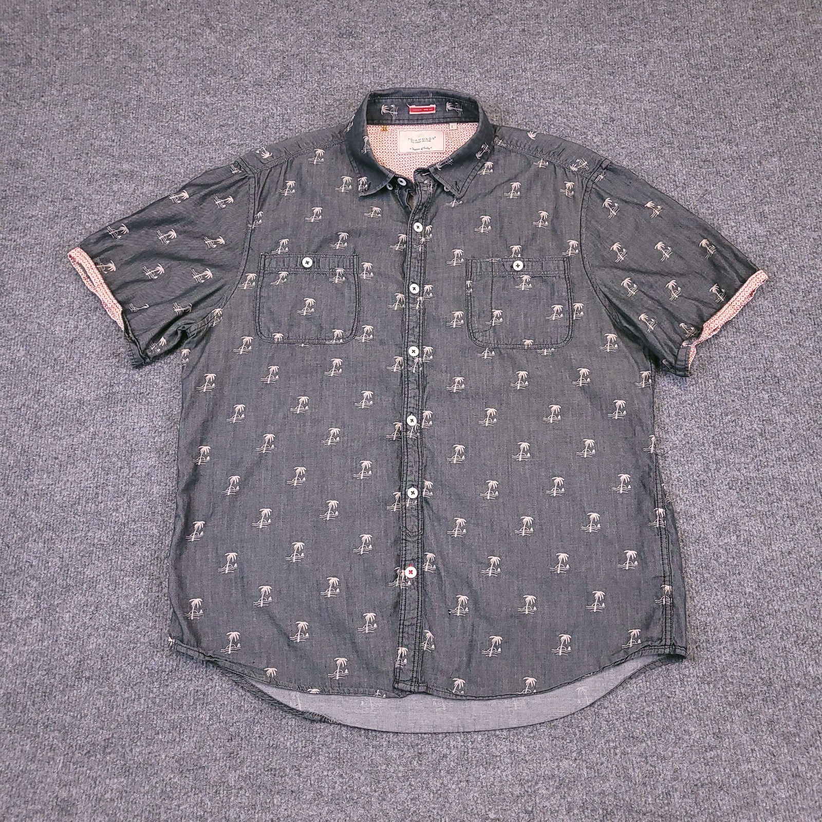 7D 7Diamonds Shirt Mens Large Button Up Gray Fade Geometric Palm Tree Cotton