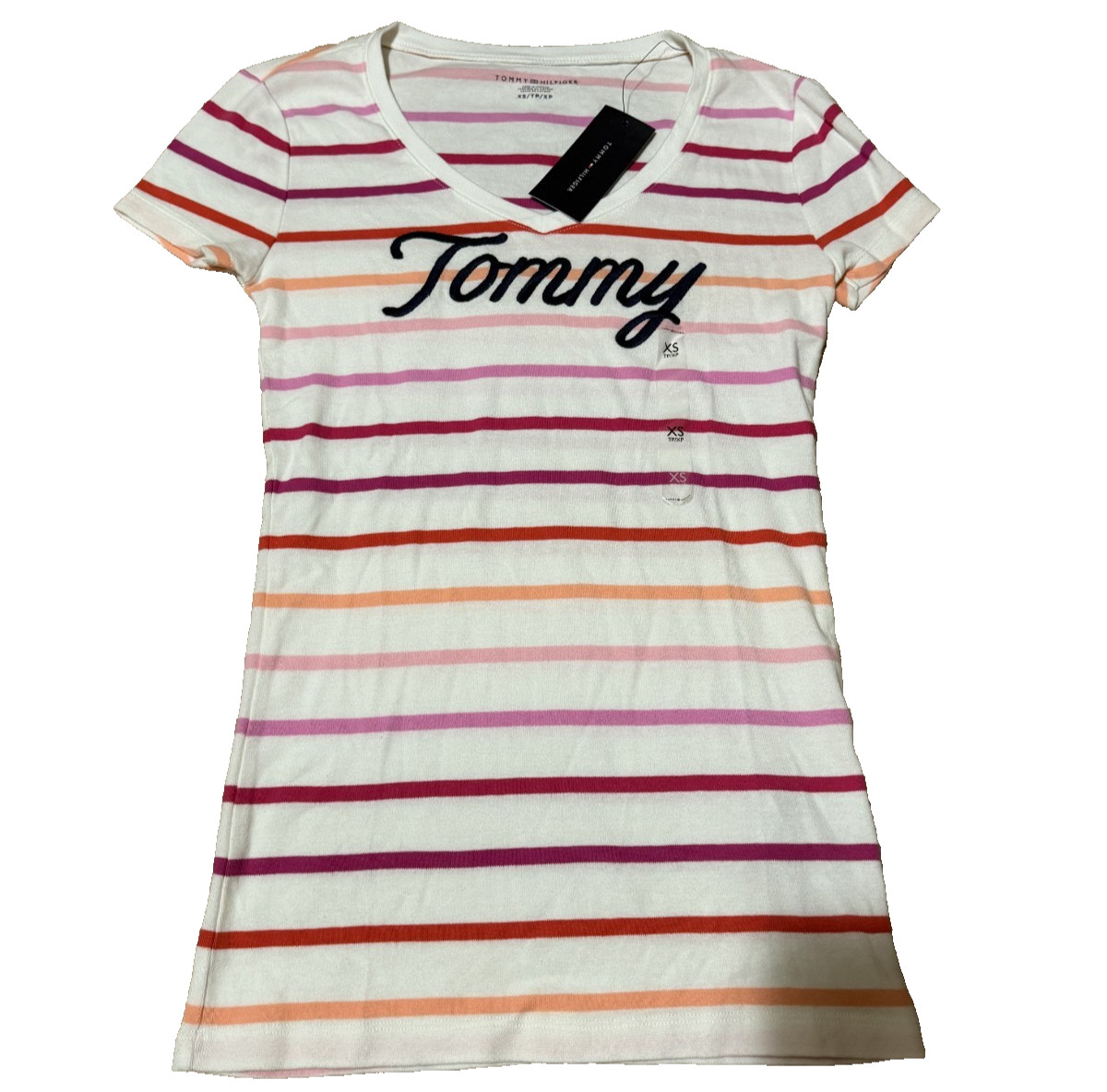 BRAND NEW Tommy Hilfiger Women’s Small Tommy Logo White Pink Stripes T-Shirt