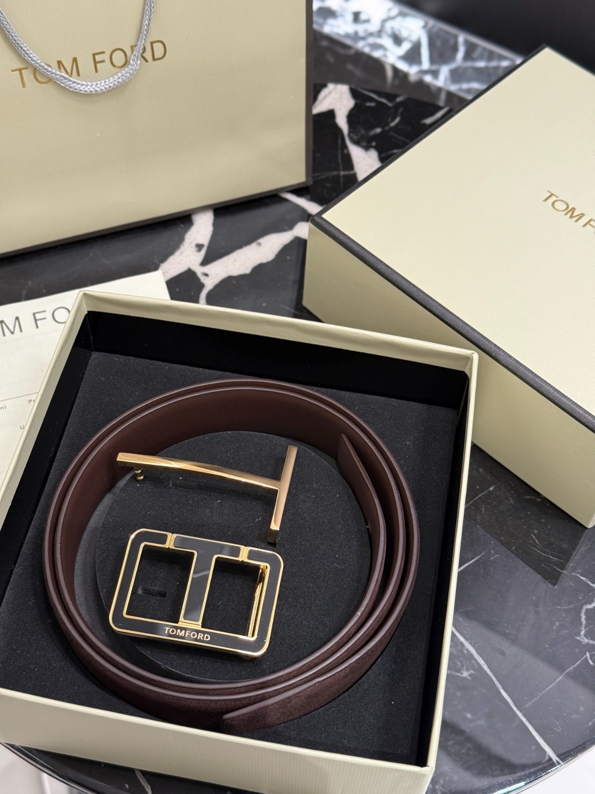 Tom Ford Mens T Logo Brown Leather Dress Belt S.S. Buckle