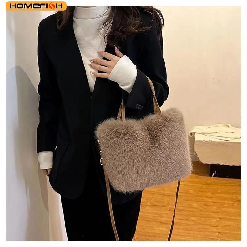 Faux Fur Tote Bag Women’s Bucket Plush Luxury Design Ladies Handbags