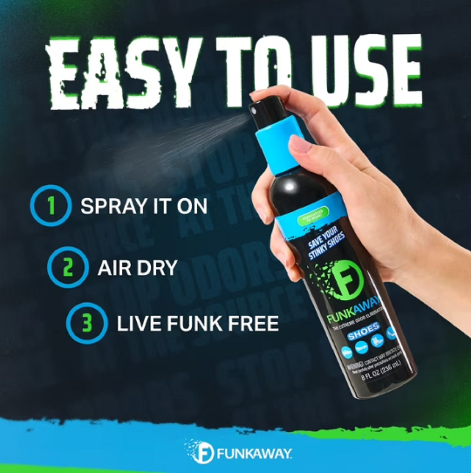 FunkAway Odor Eliminating Spray for Shoes, Skates, Work Boots & More, 8 oz.,