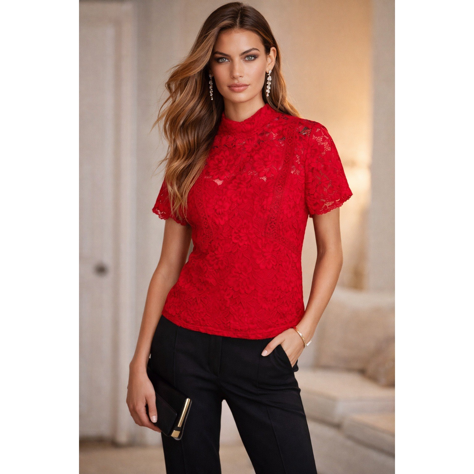 Laundry Shelli Segal Lace Blouse Womens L Red Romantic Overlay Cami Coquette