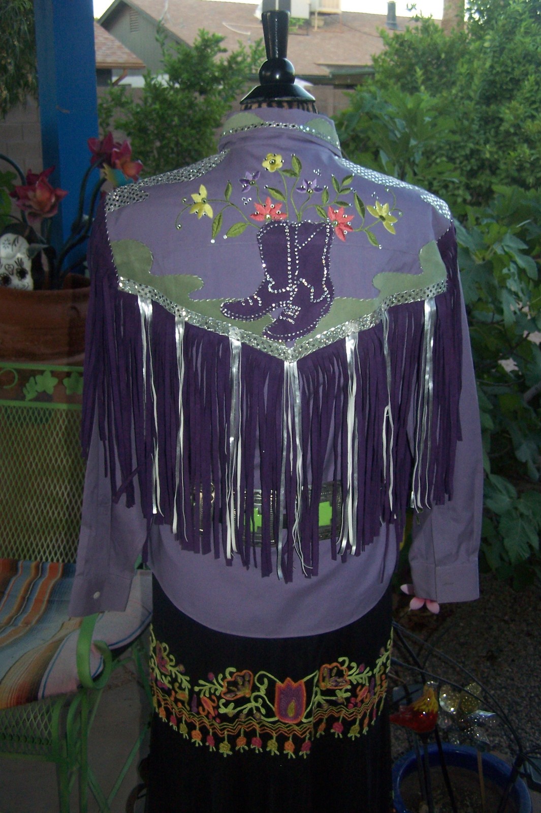XL Western Custom Embroidered Fringe Rhinestone Cowgirl Boot Rodeo Queen Blouse