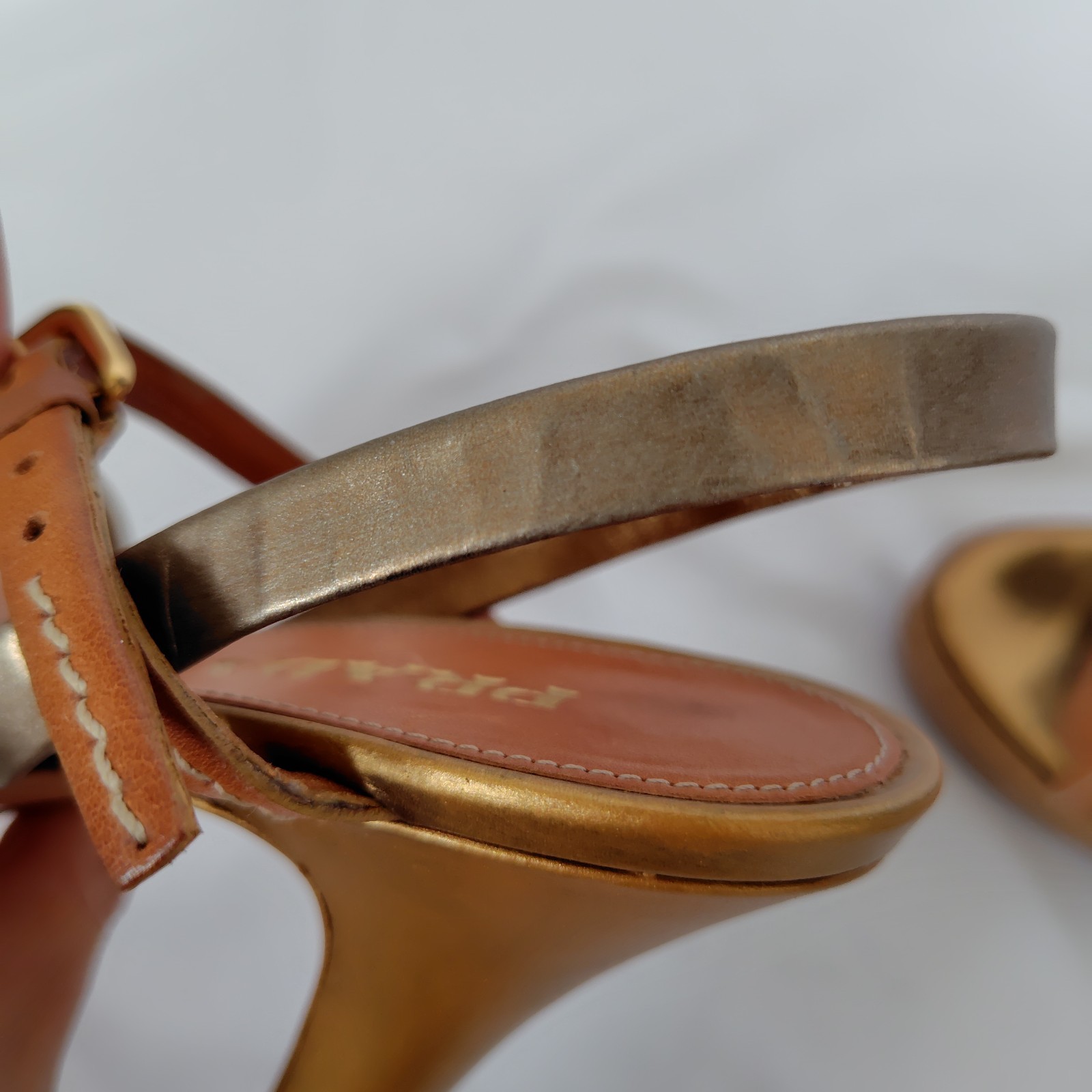 PRADA Wedge Platform Sandals Natural Brown Gold Silver Ribbon EU 36 11cm Heel