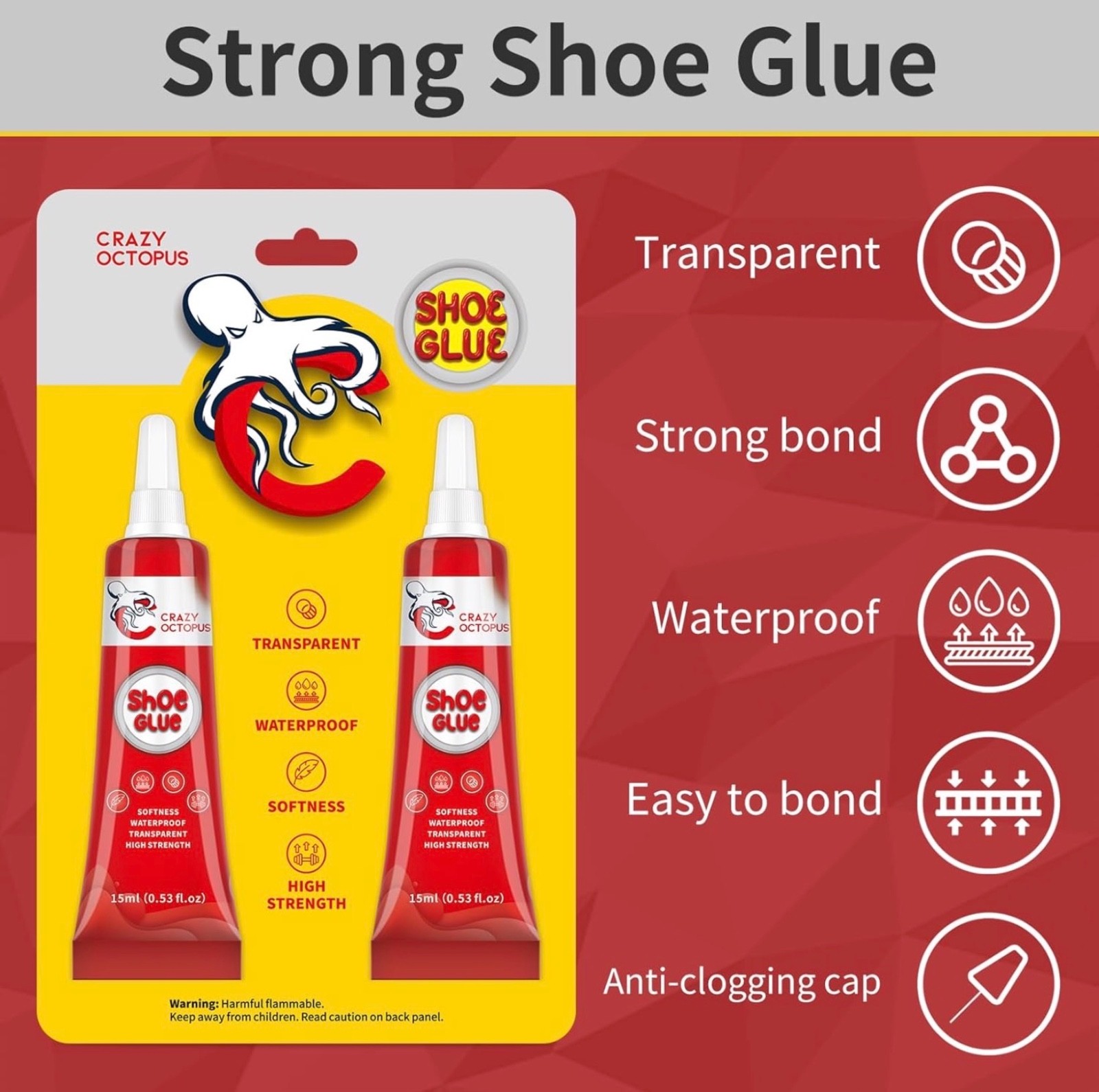 Shoe Glue, Strong Clear Shoe Repair Glue for Sneakers, Boots, Handbags, Soles, H