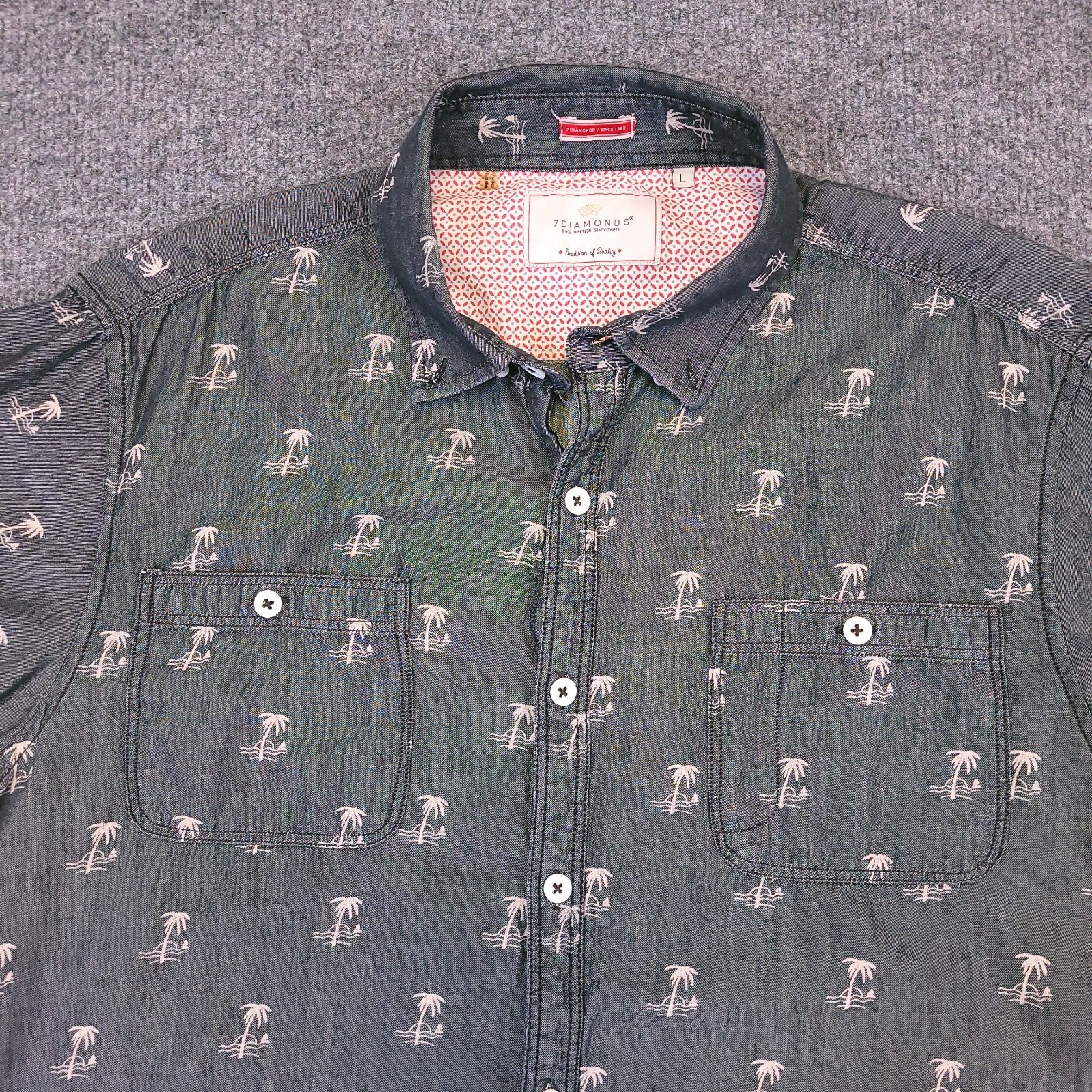 7D 7Diamonds Shirt Mens Large Button Up Gray Fade Geometric Palm Tree Cotton