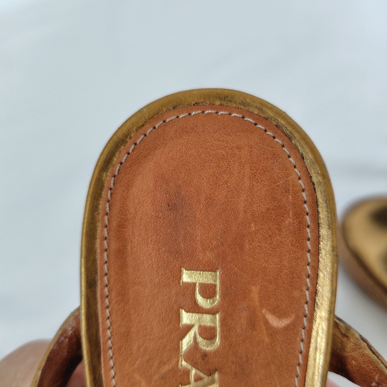 PRADA Wedge Platform Sandals Natural Brown Gold Silver Ribbon EU 36 11cm Heel