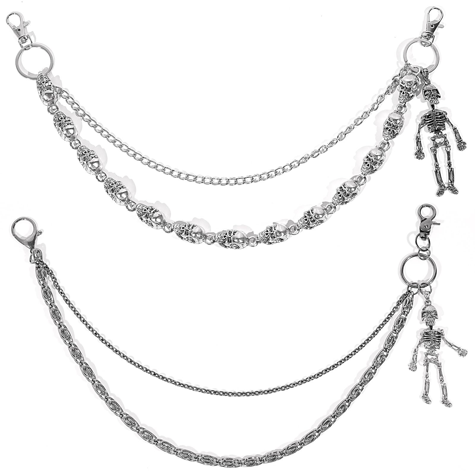 2 PCS Heavy Skull Pants Chain for Unisex Wallet Chains Standard for Biker Silver