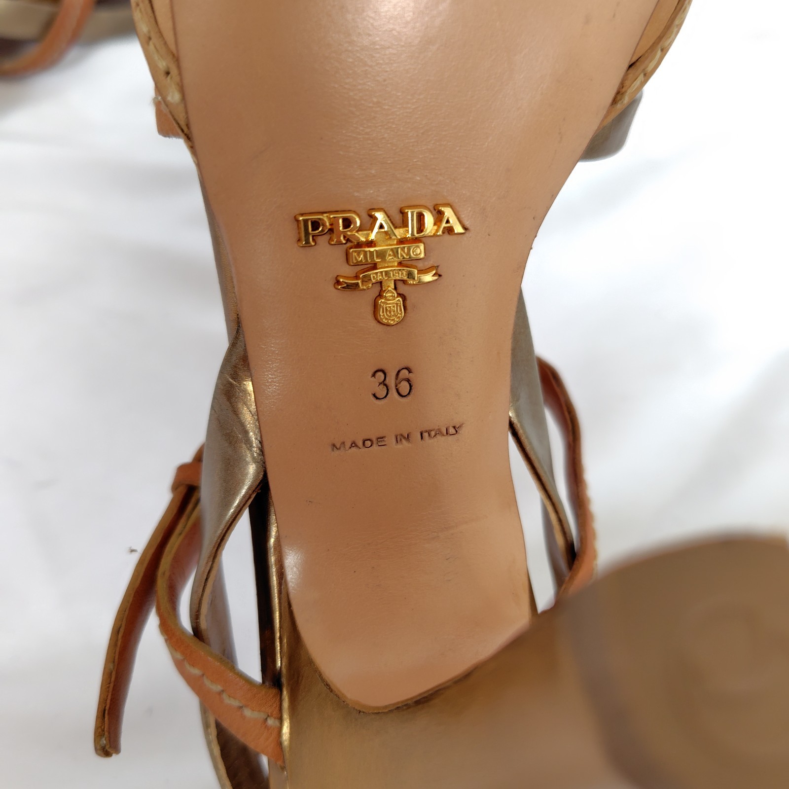 PRADA Wedge Platform Sandals Natural Brown Gold Silver Ribbon EU 36 11cm Heel